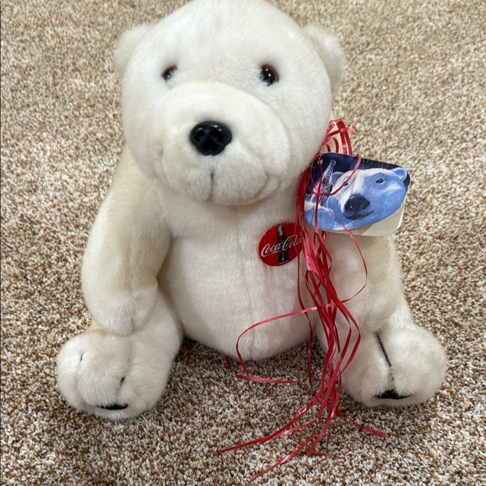 Coca-Cola White Polar Bear Plush with Red Ribbon